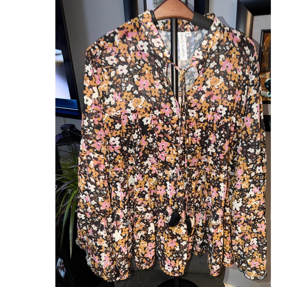 Grace & Karma Women's XL Floral Boho Tiered Long Sleeve Lined Cottagecore Top